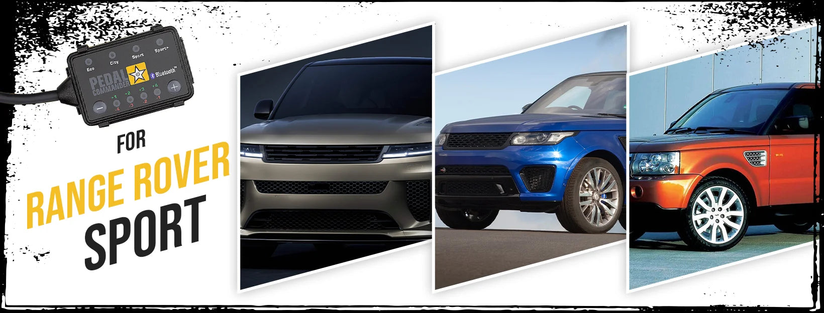 Promotional image for Range Rover Sport with a device and vehicle images.