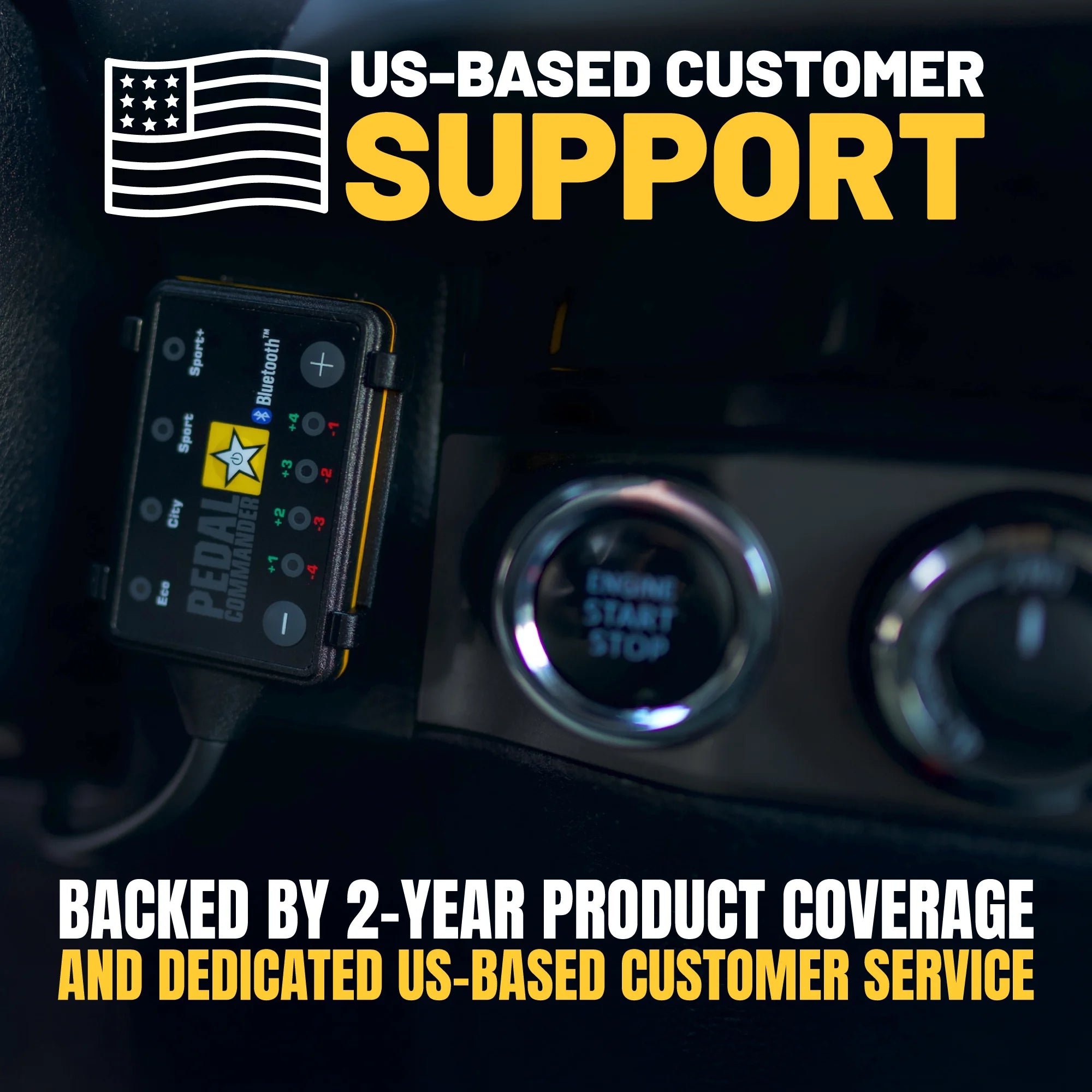 Car dashboard with a device and text about US-based customer support and product coverage.